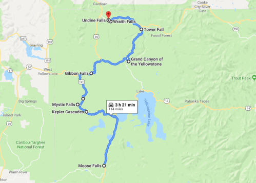 Map showing a route through Yellowstone National Park, highlighting waterfalls and scenic points. Total distance: 114 miles.