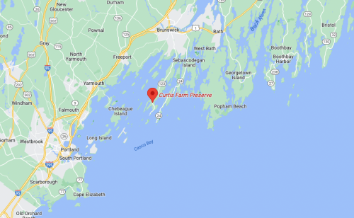 Map showing the location of Curtis Farm Preserve near the coast of Maine, with nearby towns and waterways.