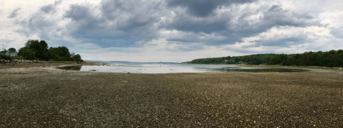 A panoramic view of a calm shoreline with cloudy skies, rocky beach, and lush greenery in the background.