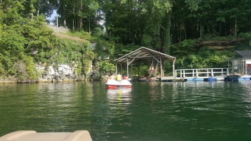 A serene lake scene with a paddle boat near a dock and lush greenery surrounding the water.