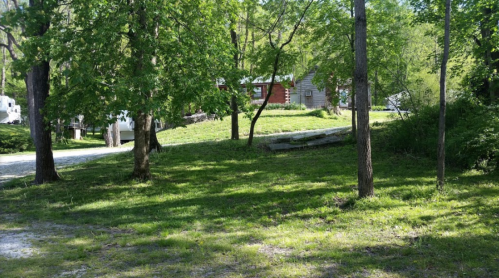 A serene landscape featuring green grass, trees, and a distant cabin surrounded by nature.