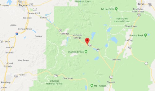 Map showing the area around McCredie Springs, Oregon, with nearby landmarks and natural features highlighted.