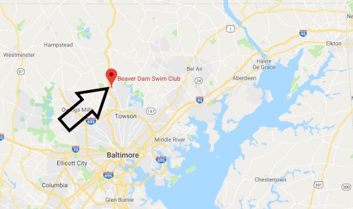 Map showing the location of Beaver Dam Swim Club near Baltimore, Maryland, marked with an arrow.