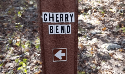 Signpost reading "Cherry Bend" with a left arrow, set in a wooded area with fallen leaves.