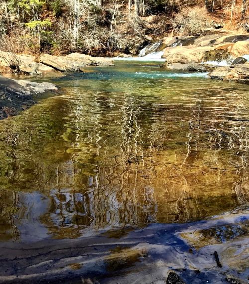 A serene pool of clear water surrounded by rocks and trees, reflecting the landscape in a tranquil setting.