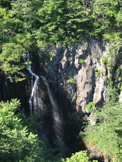 A waterfall cascading down rocky cliffs, surrounded by lush green trees and foliage.