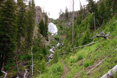 A lush green landscape with a waterfall cascading down rocky cliffs, surrounded by tall trees and a winding path.