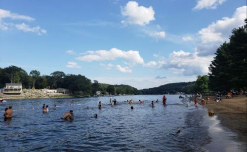 A sunny day at a river beach with people swimming and relaxing along the shore under a blue sky with clouds.