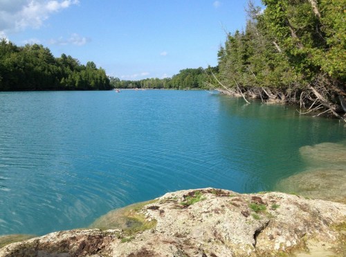 A serene blue lake surrounded by lush greenery and trees under a clear sky.