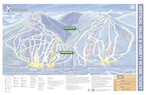 Ski resort map of Attitash, showing trails, lifts, and facilities for skiing and snowboarding.