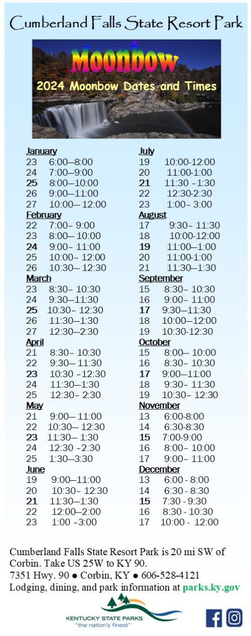 Calendar of 2024 Moonbow dates and times at Cumberland Falls State Resort Park, with contact and location details.