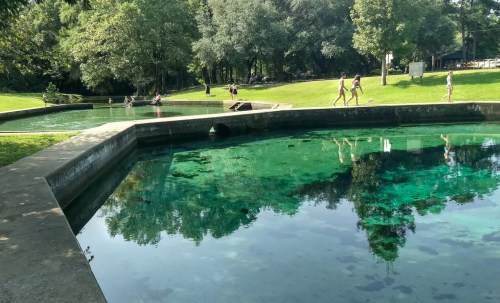 A serene park scene with clear water pools, surrounded by lush greenery and people enjoying the outdoors.