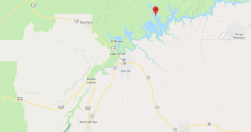 Map showing Lake Powell area with marked location northeast of Page, Arizona. Major roads and nearby towns are visible.