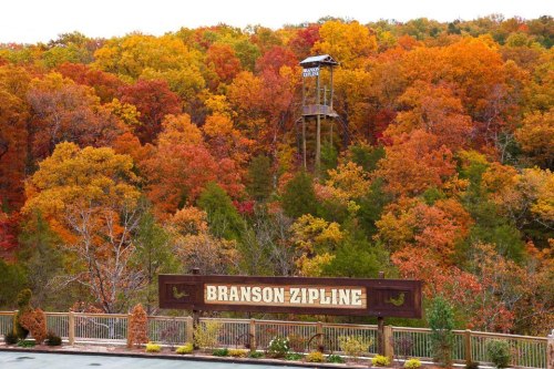 A scenic view of Branson Zipline with vibrant autumn foliage in the background and a lookout tower.