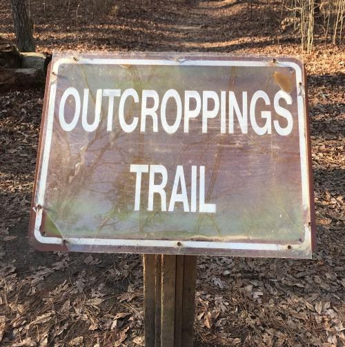 Sign for "Outcroppings Trail" surrounded by trees and fallen leaves.