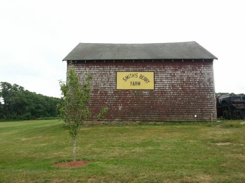 A rustic red barn with a yellow sign reading "Smith's Berry Farm," surrounded by green grass and trees.