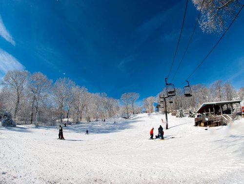 A snowy ski slope under a bright blue sky, with skiers and a ski lift in the background. Trees are frosted with snow.