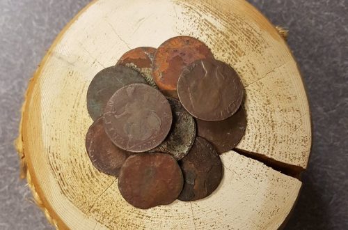 A collection of old coins arranged on a wooden stump with a visible crack in the surface.