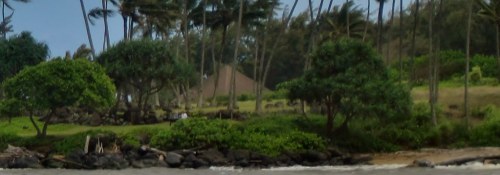 Lush green landscape with palm trees, rocky shoreline, and a distant thatched-roof structure under a cloudy sky.