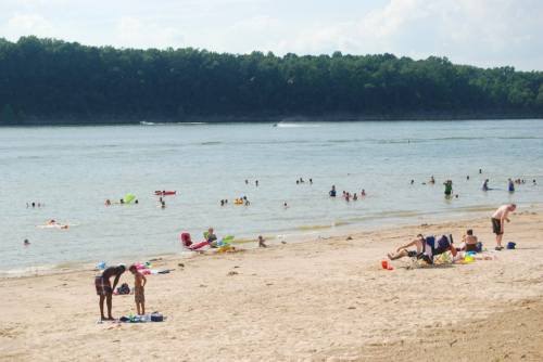 A busy beach scene with people swimming, sunbathing, and playing in the sand near a calm lake. Green trees in the background.