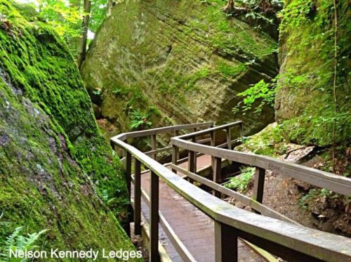 A wooden walkway winds through lush green moss-covered rock formations in a forested area.