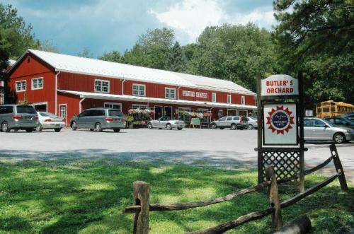 A red barn-style building with cars parked outside, surrounded by greenery, and a sign for Butler's Orchard.