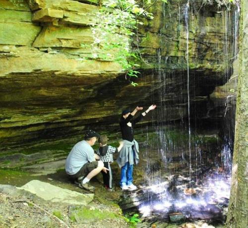 A family enjoys a serene moment by a waterfall in a rocky, wooded area, with one person reaching out to the water.