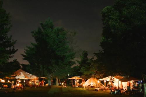 A nighttime camping scene with tents and soft lighting surrounded by trees.