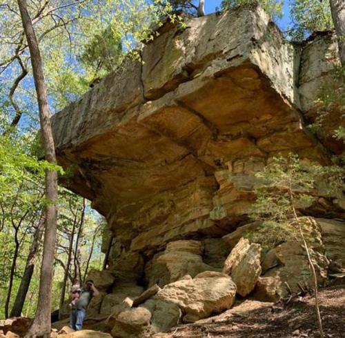 A person stands near a large rock formation surrounded by trees in a forested area.