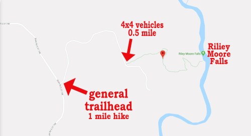Map showing directions to Riley Moore Falls, with markers for 4x4 vehicle access and general trailhead for a 1-mile hike.