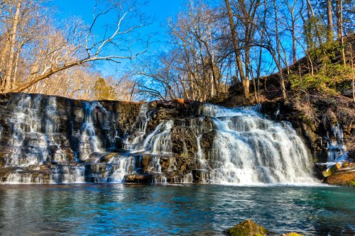 A serene waterfall cascades over rocky ledges, surrounded by trees under a clear blue sky.