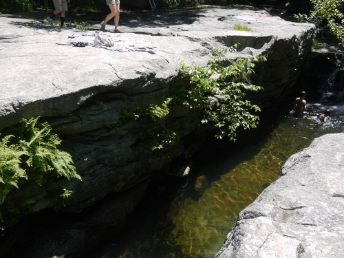 A rocky area by a clear pool of water, with people nearby enjoying the outdoors and a small waterfall in the background.