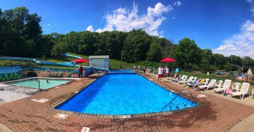 A sunny outdoor pool area with a large blue pool, water slides, lounge chairs, and umbrellas surrounded by greenery.