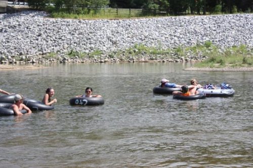 A group of people floating on inner tubes in a river on a sunny day, surrounded by greenery and rocky banks.