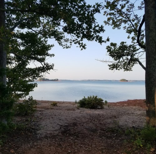 A serene lake view framed by trees, with calm water and distant islands under a clear sky.