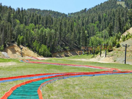 A winding, colorful track through a green landscape, surrounded by trees and hills on a sunny day.
