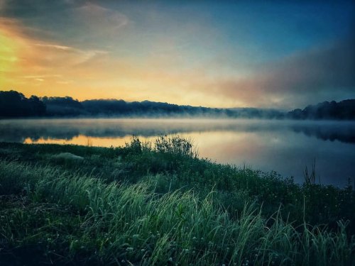 A serene lake at dawn, surrounded by mist and lush greenery, with soft colors reflecting on the water's surface.