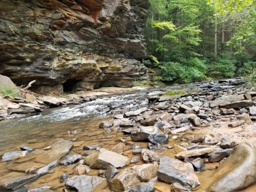 A serene river flows through a rocky landscape, surrounded by lush green trees and steep, textured cliffs.
