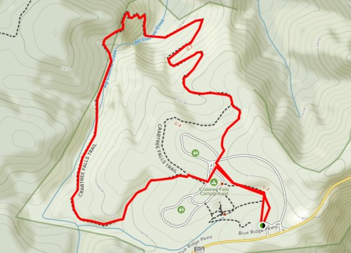 Map showing the Cabretta Falls Trail route, marked in red, with surrounding topography and nearby campground.