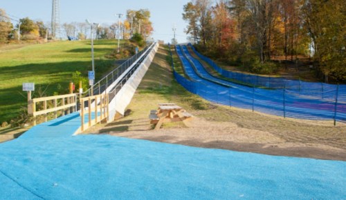 A view of a summer tubing hill with two lanes, surrounded by trees and a picnic area in the foreground.