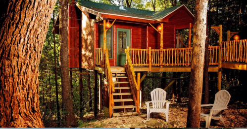 A cozy red treehouse with a wooden deck, surrounded by trees, featuring two white chairs in front.