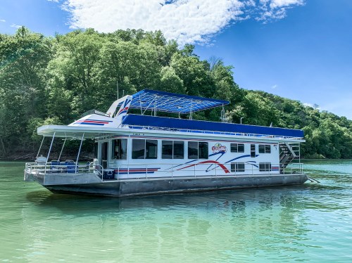 A spacious houseboat with a blue roof floats on calm green water, surrounded by lush green trees under a clear sky.