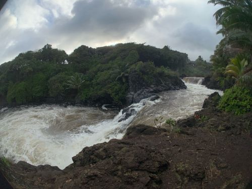 A turbulent river flows through rocky terrain, surrounded by lush greenery and palm trees under a cloudy sky.