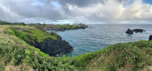A panoramic view of rocky coastline with lush greenery and a cloudy sky over the ocean.