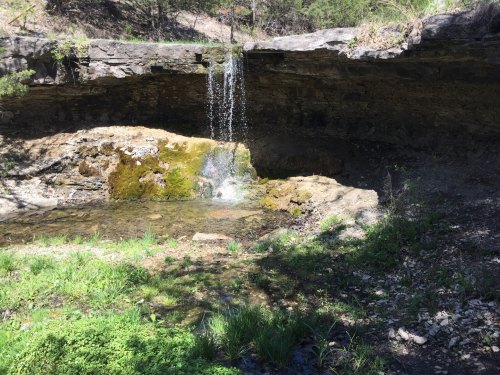 A small waterfall cascades over a rocky ledge into a clear pool, surrounded by greenery and moss.