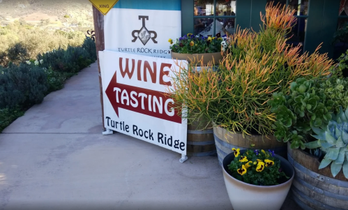 Sign for wine tasting at Turtle Rock Ridge, with colorful plants and barrels in the foreground.