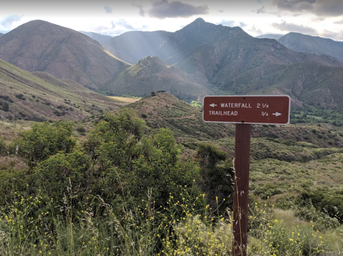 A trail sign points to a waterfall and trailhead, with mountains and greenery in the background under a cloudy sky.