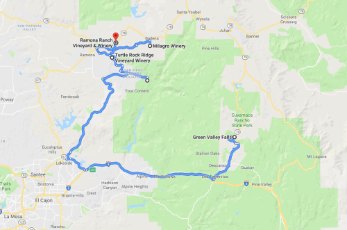 Map showing a route connecting Ramona Ranch Vineyard & Winery, Turtle Rock Ridge Vineyard Winery, and Green Valley Falls.