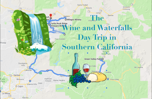 Map of a day trip in Southern California featuring wine and waterfalls, with illustrations of a waterfall, wine, and grapes.
