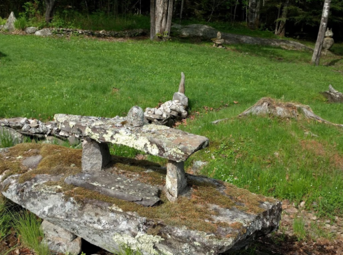 A moss-covered stone bench in a grassy area, surrounded by trees and scattered rocks.